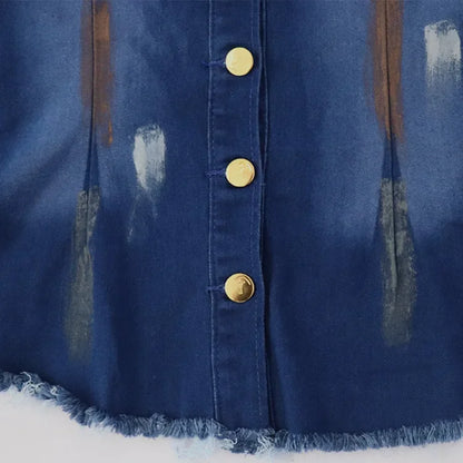 Ensemble deux pièces pour femmes, costume de Cowboy, veste en Jean, simple boutonnage, col rabattu, trou, pantalon évasé, tenues féminines, Ensemble décontracté