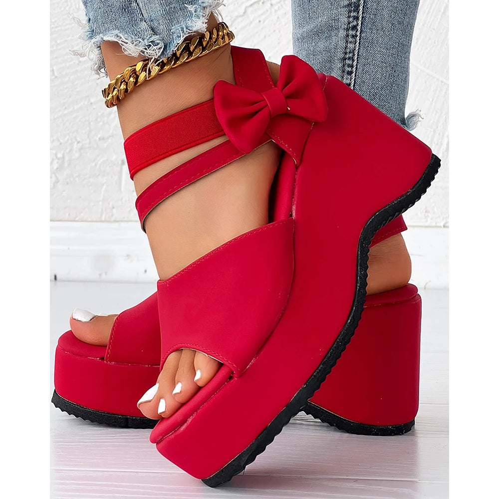 Peep Parker-Sandales à l'offre elles compensées avec nœud papillon pour femmes, sandales en daim, style coréen, printemps, automne, été, 03/Casual, 2024