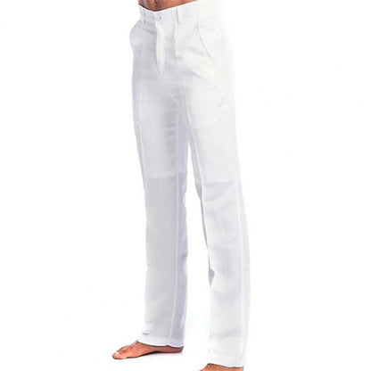 Pantalon en coton et lin pour hommes, Long, décontracté, élégant, taille moyenne, couleur unie, Slim Fit, fermeture éclair, bouton volant