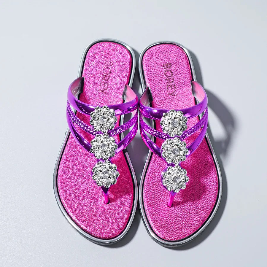 "Sandales tongs pour femmes avec strass, diapositives décontractées de plage pour vêtements d'extérieur, semelles plates et pantoufles d'été"