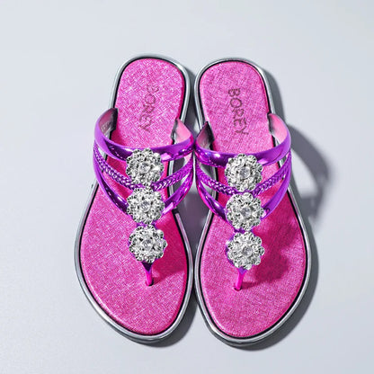 "Sandales tongs pour femmes avec strass, diapositives décontractées de plage pour vêtements d'extérieur, semelles plates et pantoufles d'été"