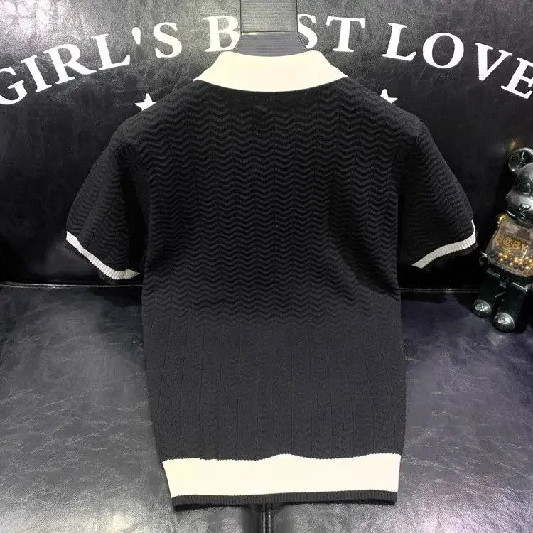 T-shirt à manches courtes en soie glacée pour hommes, pull tricoté à revers contrasté, tendance et personnalisé, décontracté, nouvelle collection été