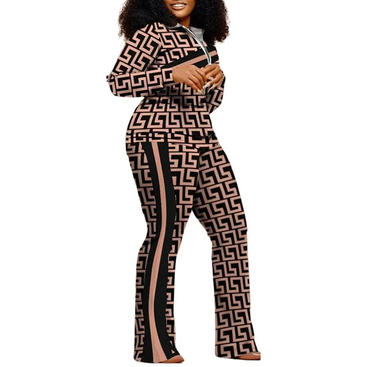 Ensemble de pantalons longs droits pour femmes, fermeture éclair imprimée, col montant, gaine, manches longues, décontracté, automne, hiver, 2024