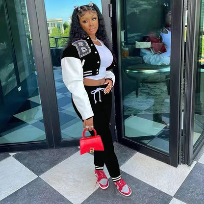 European and N Women's Wear B Monochrome Jacket Single-breasted Monochrome Printed Baseball Suit