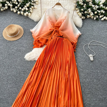 Miyake pli changement progressif couleur bord ondulé costume soleil jupe plissée à la mode et élégant deux pièces ensembles tenues pour femmes