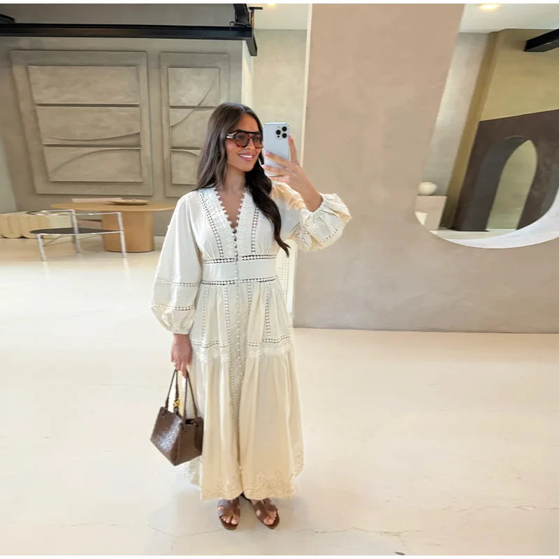 Robe longue en dentelle ajourée pour femmes, élégante, couleur unie, col en v, Patchwork, manches bouffantes, moulante, nouvelle collection printemps 2025