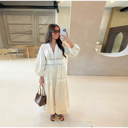 Robe longue en dentelle ajourée pour femmes, élégante, couleur unie, col en v, Patchwork, manches bouffantes, moulante, nouvelle collection printemps 2025