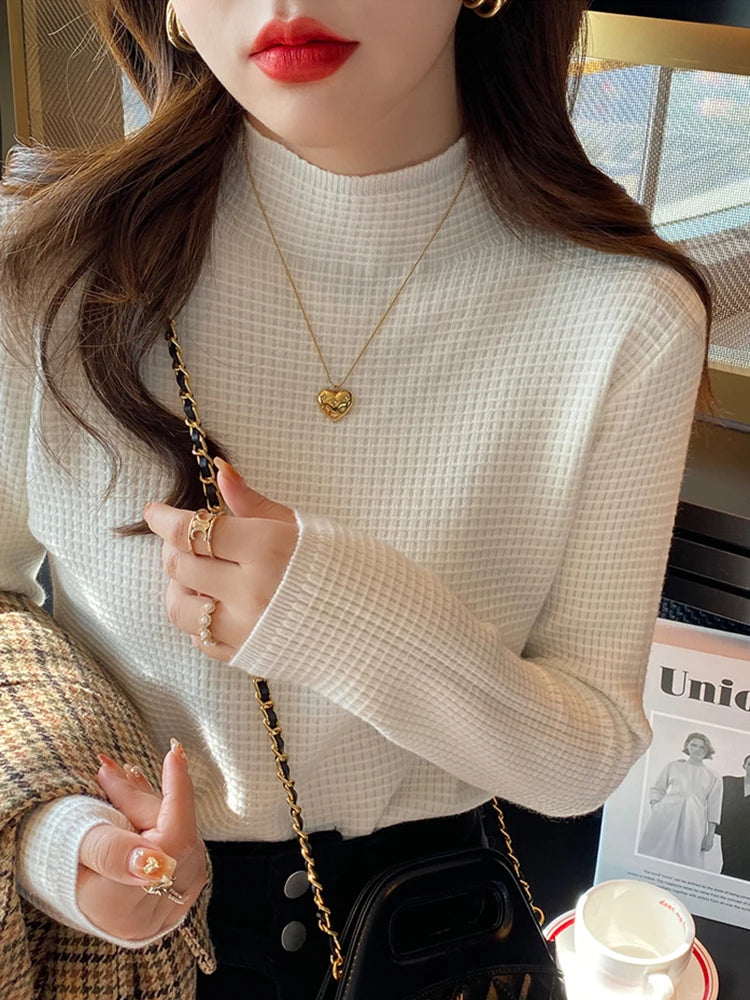 Pull Vintage à Col Roulé pour Femme, Vêtement à Motif Gaufré, Solide, Décontracté, Slim, Automne Hiver