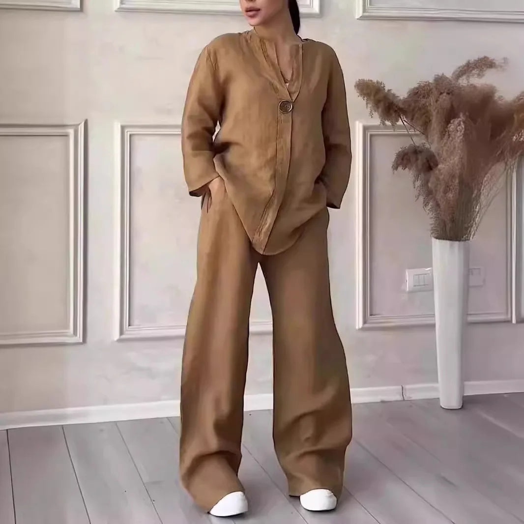 Ensemble deux 2 pièces en coton et lin, chemisier ample décontracté à manches longues et boutons, chemise et pantalon ample à jambes larges et élastiques, costumes NMD-3021