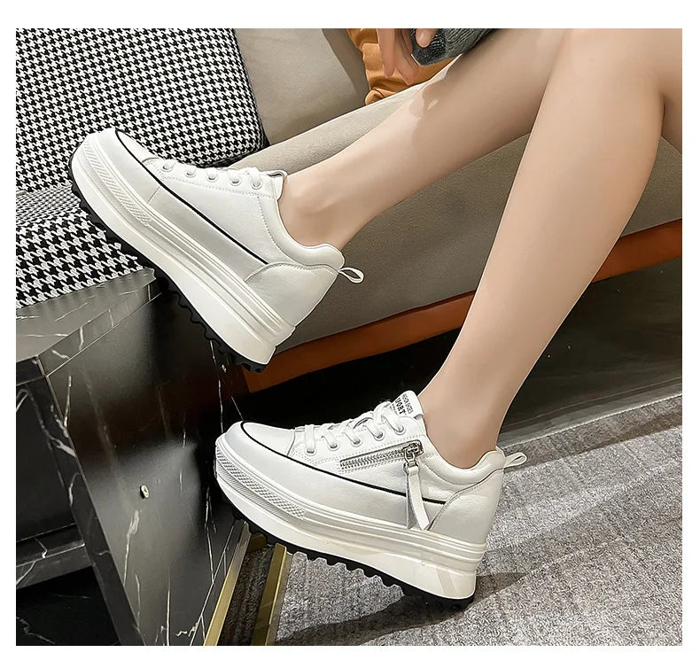 Fujin 7 cm en cuir véritable femmes chaussures décontractées 7 cm plate-forme compensée femme mode baskets gros printemps automne chaussures été