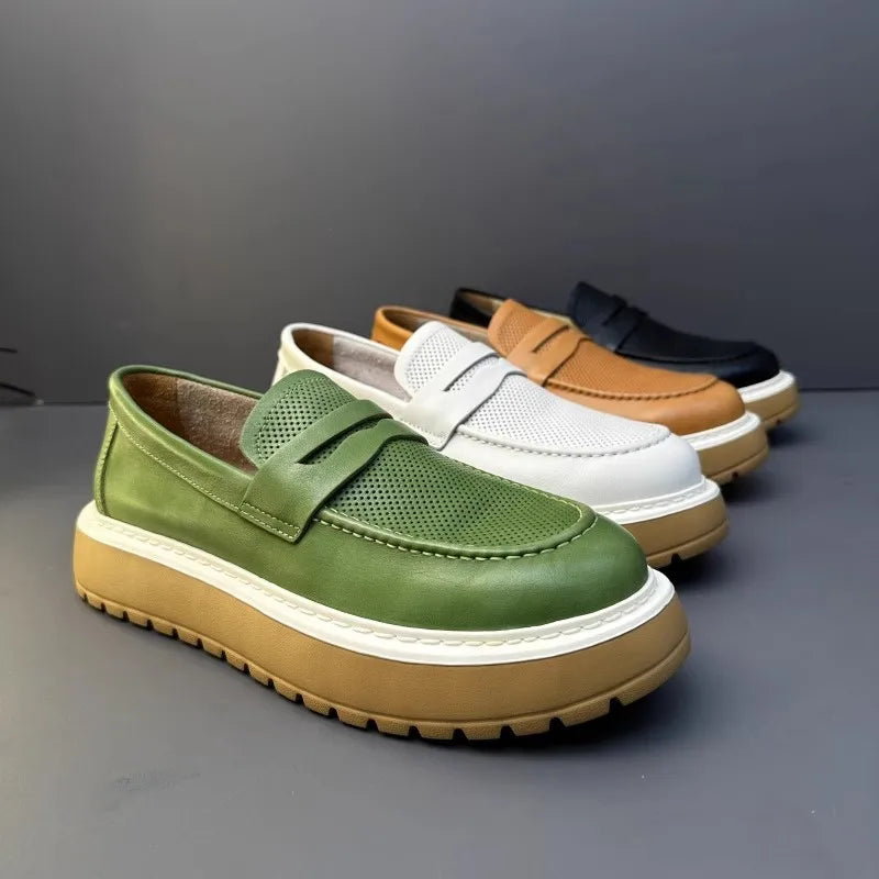 Mocassins en cuir de vachette à plateforme vintage pour hommes, chaussures en cuir véritable, respirant, évider, décontracté, conduite, affaires, été