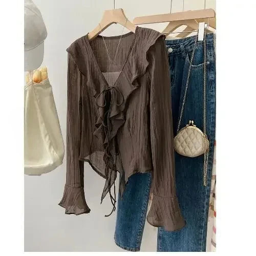 Chemisiers pour femmes Chemise Femme chemises évasées à volants pour femmes Blusas Femininas Elegantes Y2k hauts Vintage printemps Chemise manteau mince