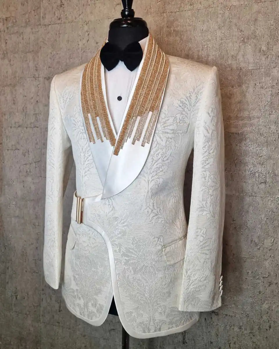 Tuxedos de mariage formel avec boucle perlée Jacquard hommes costumes châle revers 1 pièce ensemble veste beaux blazers de marié personnalisés