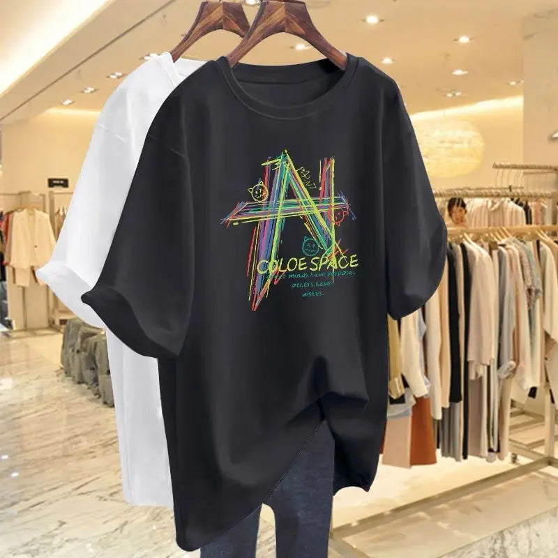 T-shirt basique imprimé géométrique peint à la main pour femme, pur coton, manches courtes, 40 noix-105 noix, vêtements décontractés, été