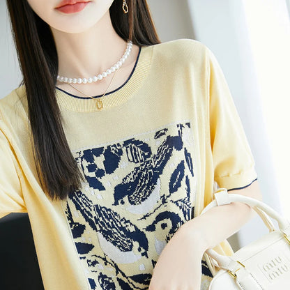 2025 été nouveau 100% Lyocell femmes à manches courtes décontracté col rond jacquard dessin animé T-shirt lâche hauts en tricot pull t-shirts cool
