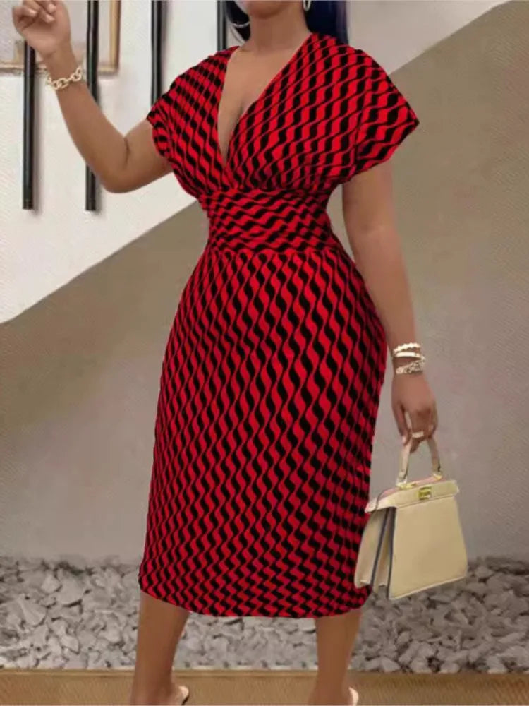 Robe mi-longue Sexy pour femmes, col en V profond, paquet de hanches, élégante, mode imprimée, manches courtes, taille haute, Slim, printemps été