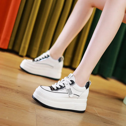 Fujin-Chaussures à l'offre elles compensées en cuir véritable pour femme, grosses chaussures blanches de 9cm, à la mode, automne et été