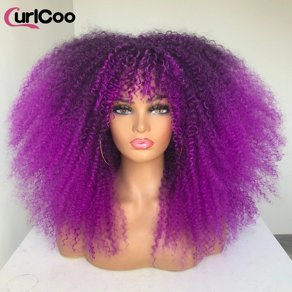 Perruque bouclée avec frange, perruque Afro bouclée pour femmes noires, perruque longue et moelleuse en Fiber synthétique pour fête quotidienne, Cosplay