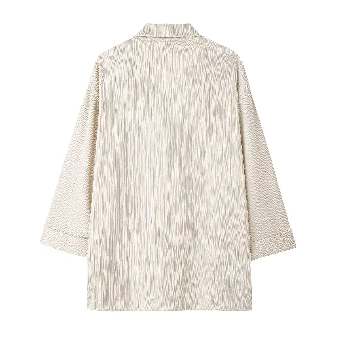 TRAFZA 2025 femmes pantalons décontractés ensemble taille haute pantalon à jambes larges + solide Beige ample glace soie Double boutonnage chemise hauts 2025 à la mode