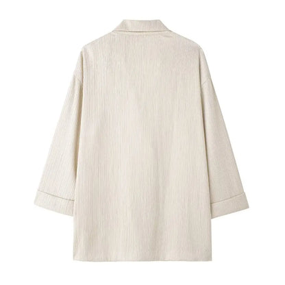 TRAFZA 2025 femmes pantalons décontractés ensemble taille haute pantalon à jambes larges + solide Beige ample glace soie Double boutonnage chemise hauts 2025 à la mode