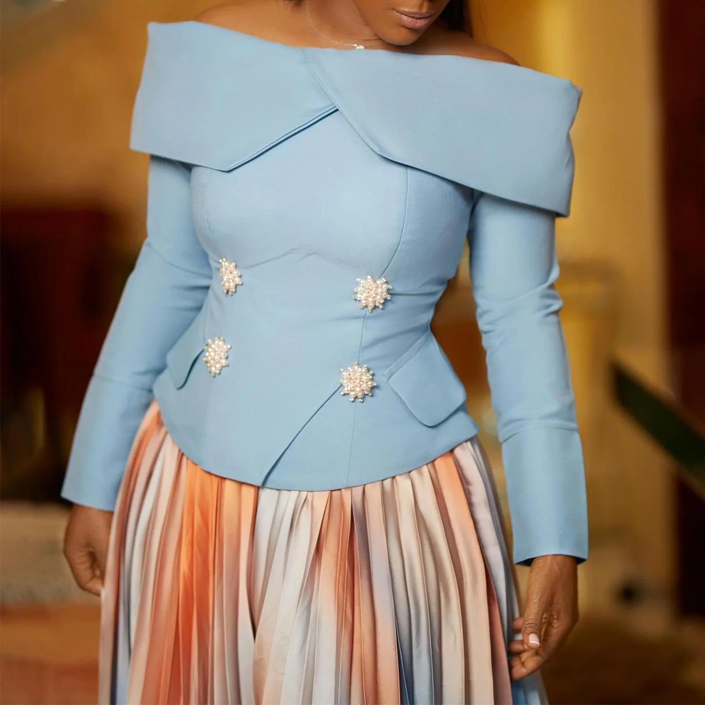 BS - Ensemble à manches longues et col slash pour femme, jupes longues plissées dégradées, ensemble de rue, tenues d'avocat africain, 2 pièces