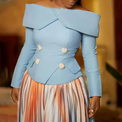 BS - Ensemble à manches longues et col slash pour femme, jupes longues plissées dégradées, ensemble de rue, tenues d'avocat africain, 2 pièces