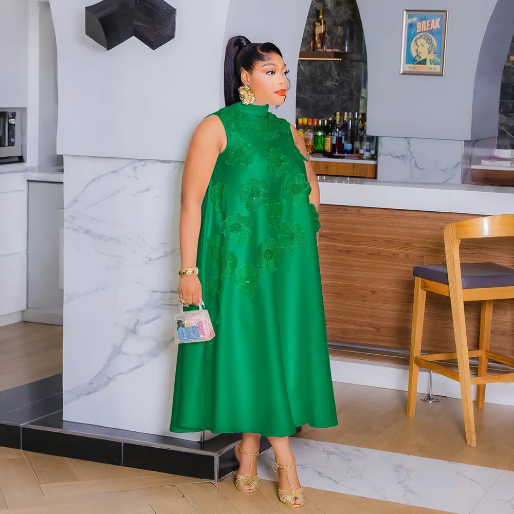 CM.YAYA femmes élégantes sans manches en vrac 3D fleur col rond robe 2025 été moulante rue africaine Midi Maxi robes longues robes