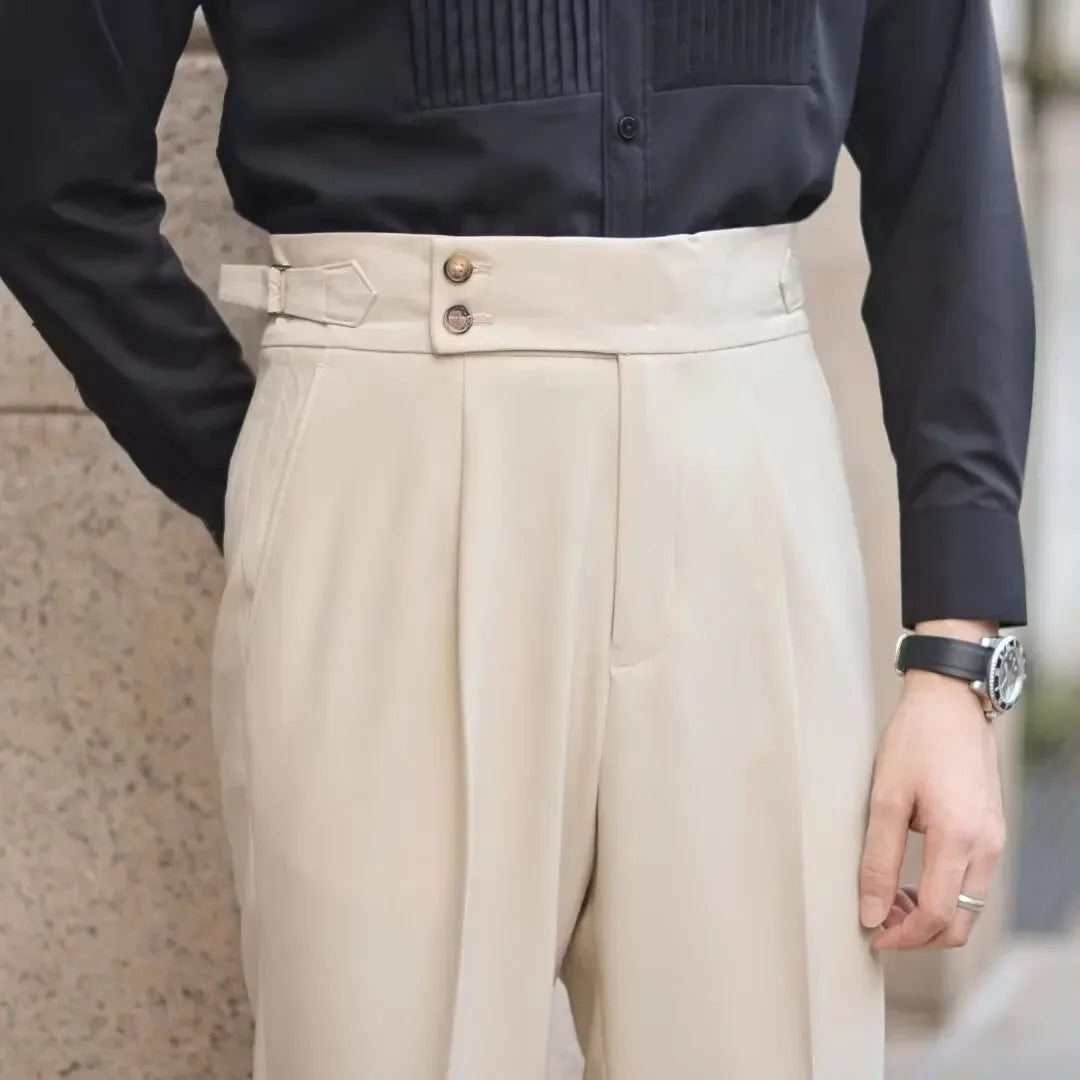 BS Vintage taille haute hommes décontracté pantalon droit Smalltrousers affaires britanniques Paris boucle blanc pantalon Long