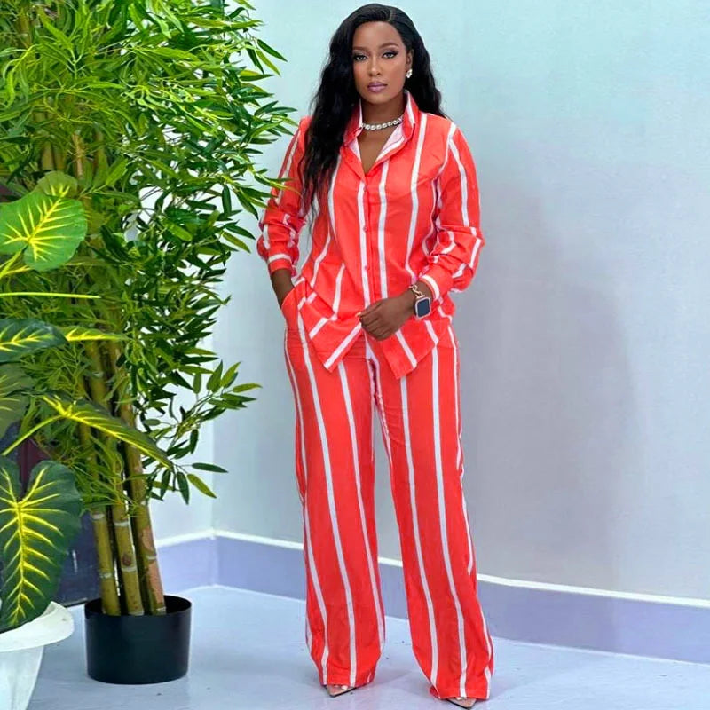 Chemise à manches longues rayée imprimée pour femme, revers élégant, taille élastique, jambe large, pantalon, ensemble 2 pièces, mode automne, nouveau, 2024