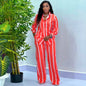 Chemise à manches longues rayée imprimée pour femme, revers élégant, taille élastique, jambe large, pantalon, ensemble 2 pièces, mode automne, nouveau, 2024