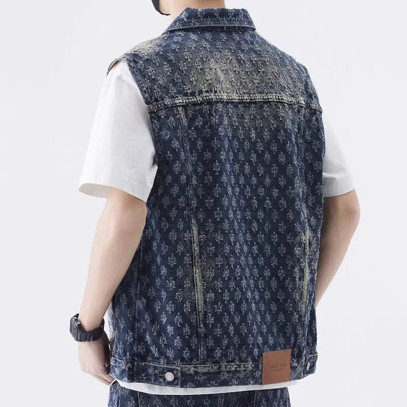Gilet de moto en Denim pour hommes, rétro, tendance, printemps et automne, élégant, ample, Jacquard, sans manches, vêtements d'extérieur