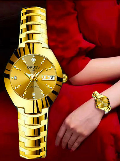 ORUSS-Montre de couple étanche pour hommes et femmes, quartz, acier inoxydable, date, semaine, horloge, cadeau pour amoureux, mode décontractée