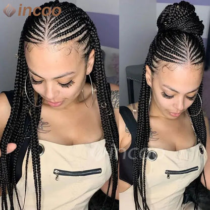 Perruque tressée synthétique Cornrow Box, perruques Full Lace Front, tresses tribales, perruque tressée Jgreeting Box, perruque tressée Faux Locs sans nœuds, 36 po
