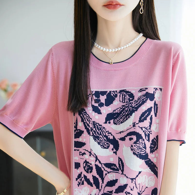 2025 été nouveau 100% Lyocell femmes à manches courtes décontracté col rond jacquard dessin animé T-shirt lâche hauts en tricot pull t-shirts cool