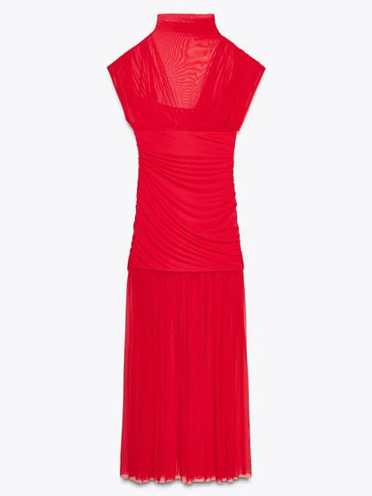 Robe longue de soirée plissée rouge Chic, élégante, manches volantes, maille, Patchwork, Maxi, vacances d'été, plage