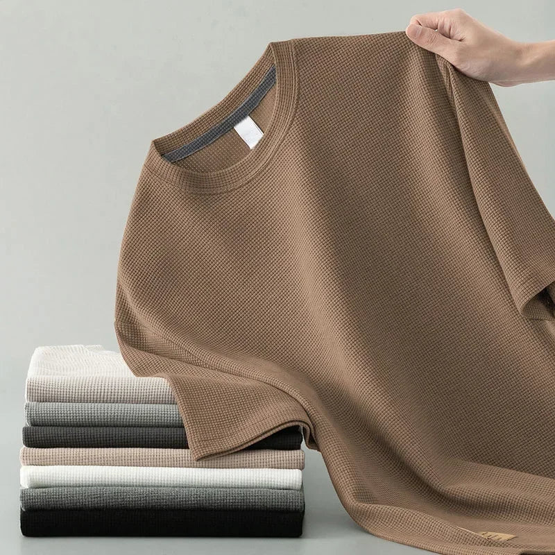 Style coréen hommes été T-Shirt homme à manches courtes gaufré solide T-Shirt couleur T-Shirt décontracté rond hommes col rond haut tendance