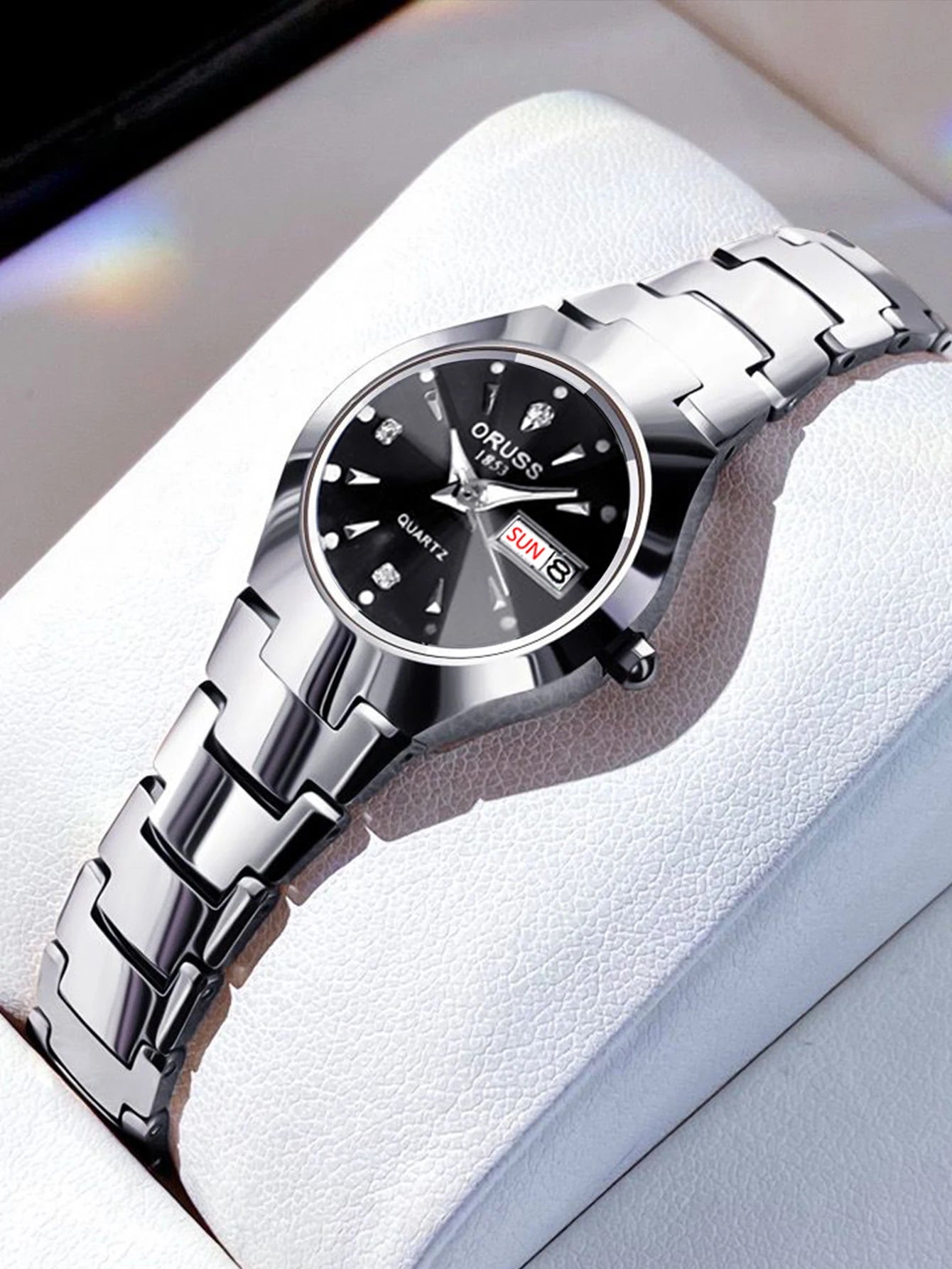 ORUSS-Montre de couple étanche pour hommes et femmes, quartz, acier inoxydable, date, semaine, horloge, cadeau pour amoureux, mode décontractée