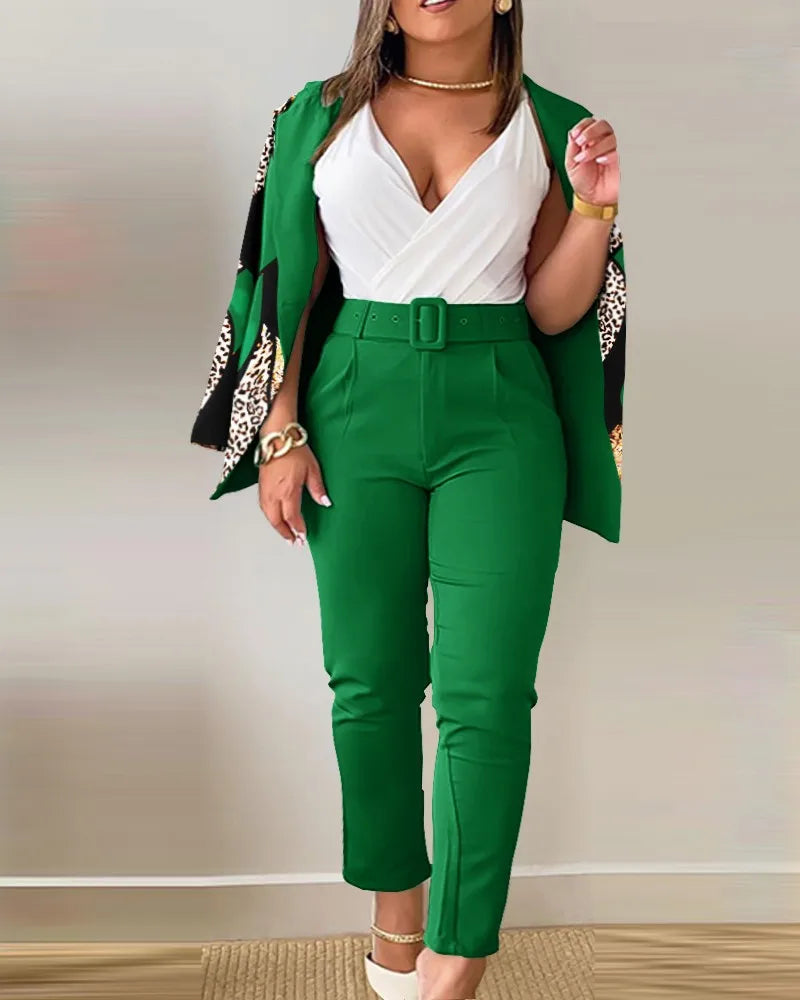 Ensemble de travail deux pièces avec ceinture pour femme, blazer à col à revers, manteau cardigan, pantalon, lettre imprimée, mode, bureau imbibé, automne, hiver