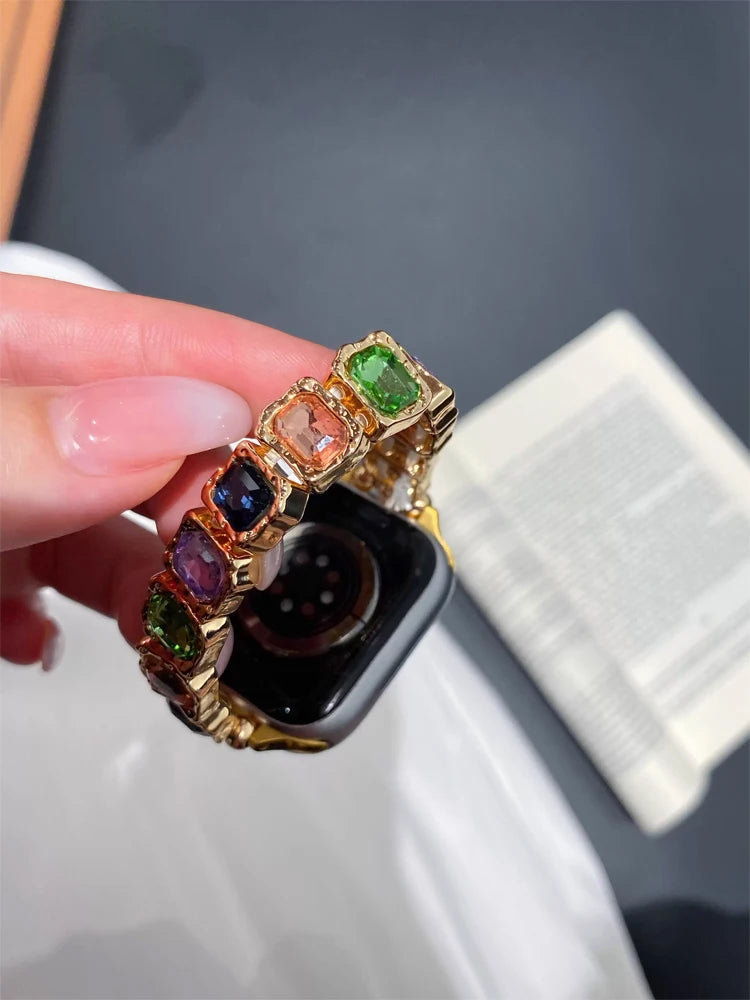 Bande de diamant élastique pour iWatch Ultra 10 9 8 7 6 5 Se 4, bracelet en métal pour femme Apple Watch 38mm 40mm 41mm 42mm 45mm 46mm 49mm