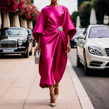Robe d'invité de mariage élégante pour femmes, Champagne, col rond évasé, manches 3/4, nœud à paillettes, robes mi-longues en Satin pour soirée Cocktail