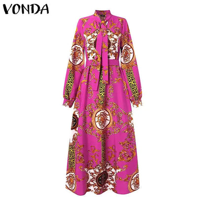 VONDA Robe Maxi 2024 été femmes bohème imprimé fête Robe d'été à manches longues col montant Robe décontractée vacances robes ceinturée
