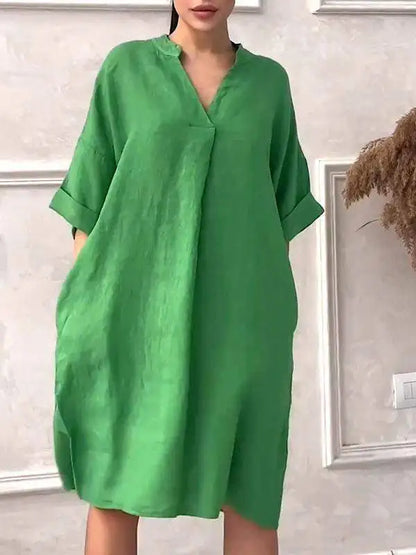 Robe mi-longue en coton et lin à col en V pour femmes, robes décontractées à manches courtes, poche, monochromatique, document, mode, printemps, été, 2025