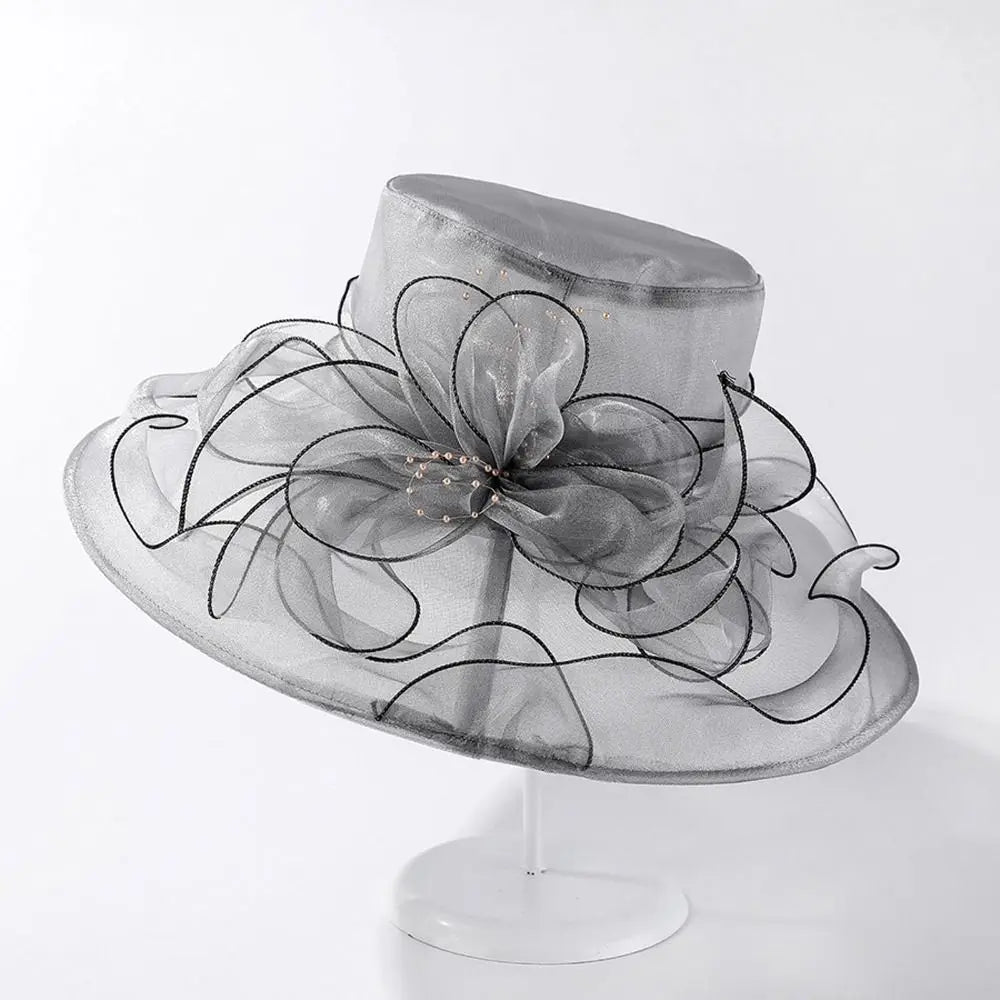 Chapeau Derby à fleurs de couleur unie pour femmes, en Organza à large bord, à volants, chapeau de soleil pliable, Protection UV, pour fête de thé, mariage