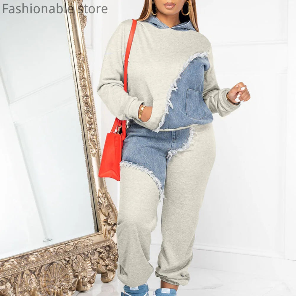 Pull à capuche et pantalon taille haute pour femme, haut patchwork décontracté, ensemble 2 pièces