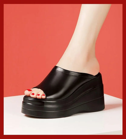 Chaussures confortables à plateforme épaisse de 9.5cm, petite taille 32-43, pantoufles en cuir véritable, talons hauts 2025, diapositives à semelles compensées, modèle de bureau