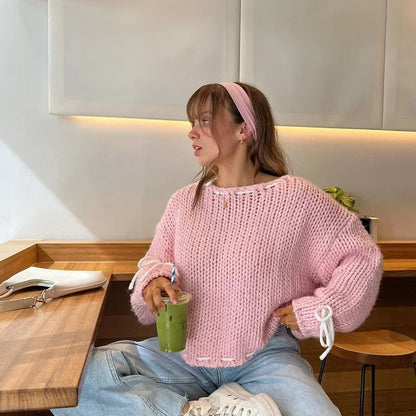 Pull tricoté à lacets pour femme, pull à manches longues, ample, à la mode, Y2K, nouvelle collection automne hiver 2024