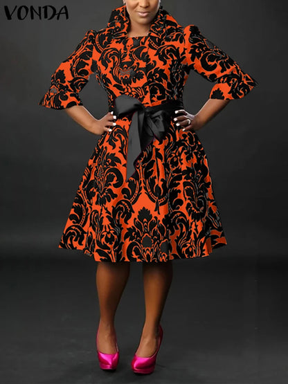 VONDA-Robe de Soirée Imprimée pour Femme, Tenue Éducative Bohème, Col Montant, Ceinture à Nministériels d, Décontractée, Élégante, Été, 2025