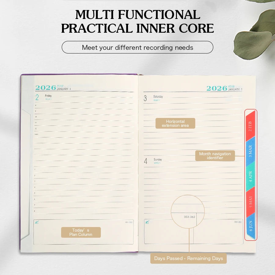 2026 A5 – Carnet de calendrier quotidien et hebdomadaire de 365 jours, journal de calendrier portable pour le bureau scolaire, couverture en cuir PU