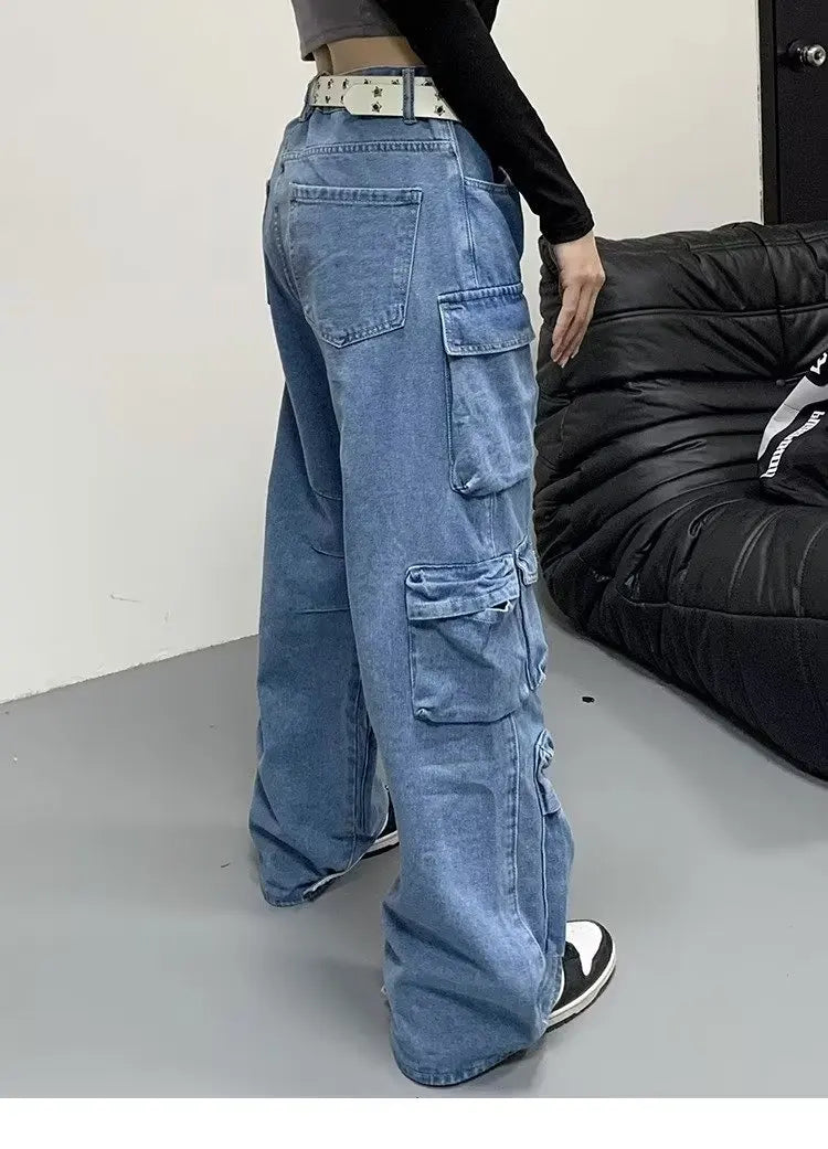 Jean Baggy à jambes larges pour femmes, pantalon Cargo multi-poches, nouvelle mode Harajuku Y2K, Streetwear, jean bleu délavé, 2025