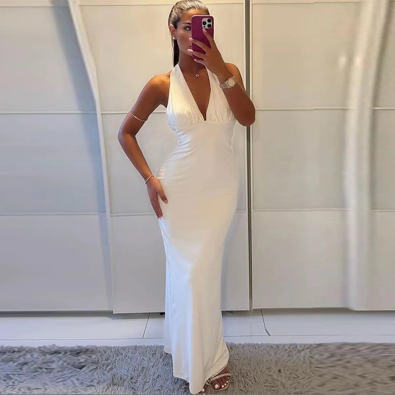 TRAF femmes robes licou blanc col en v profond dos nu robes longues Maxi soirée robes de soirée de mariage robes de bal élégantes 2025